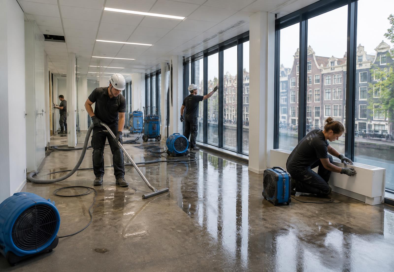 Medewerkers van HLS Group aan het werk in een bedrijfspand na waterschade