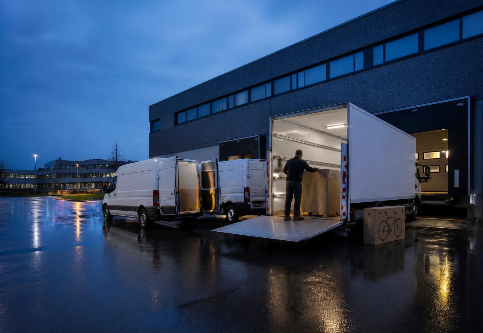 Bestelwagens en een bakwagen worden geladen met grote pakketten op een bedrijventerrein
