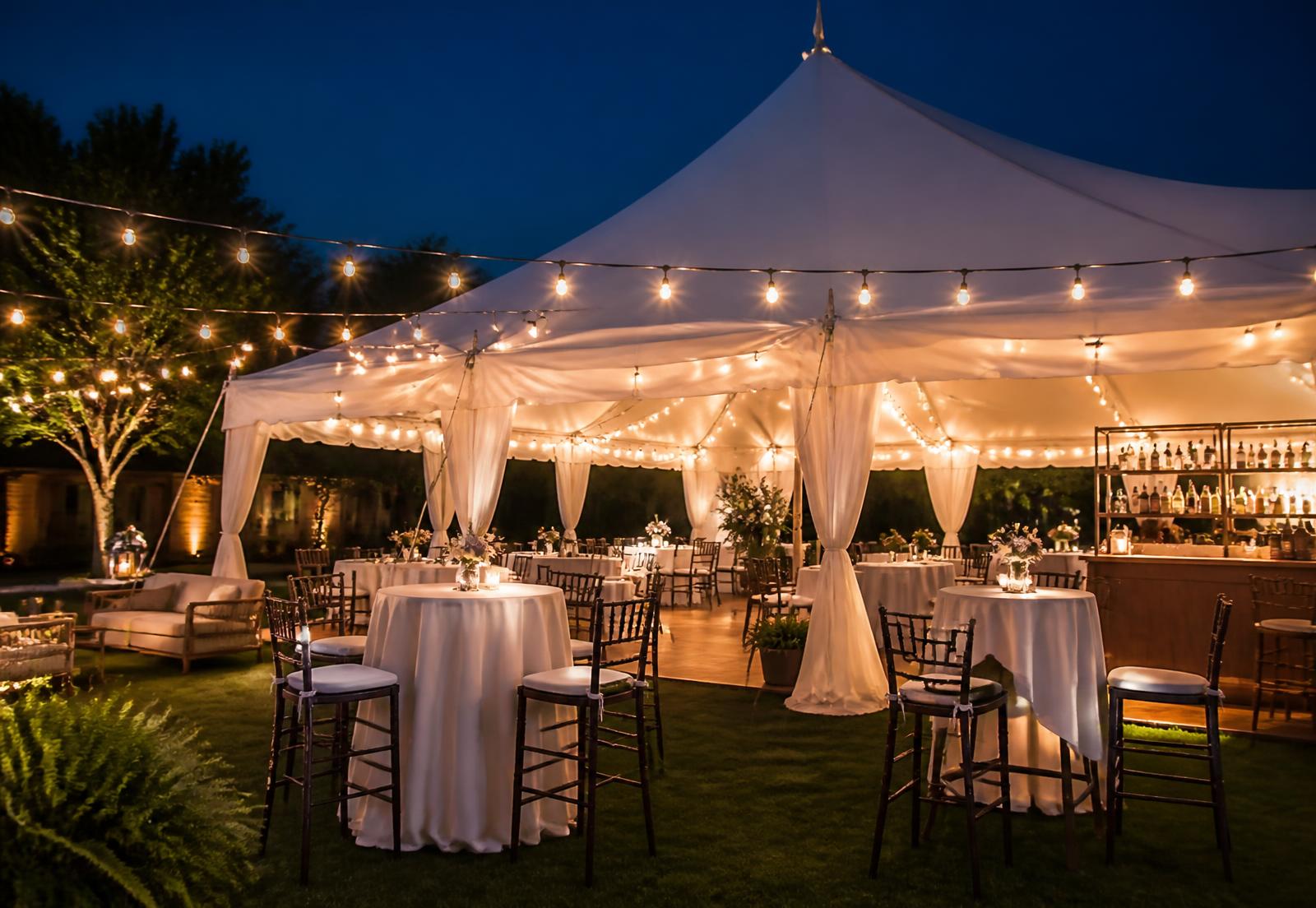 Sfeervol opgezette partytent met verlichting, statafels en stoelen voor een avondevenement